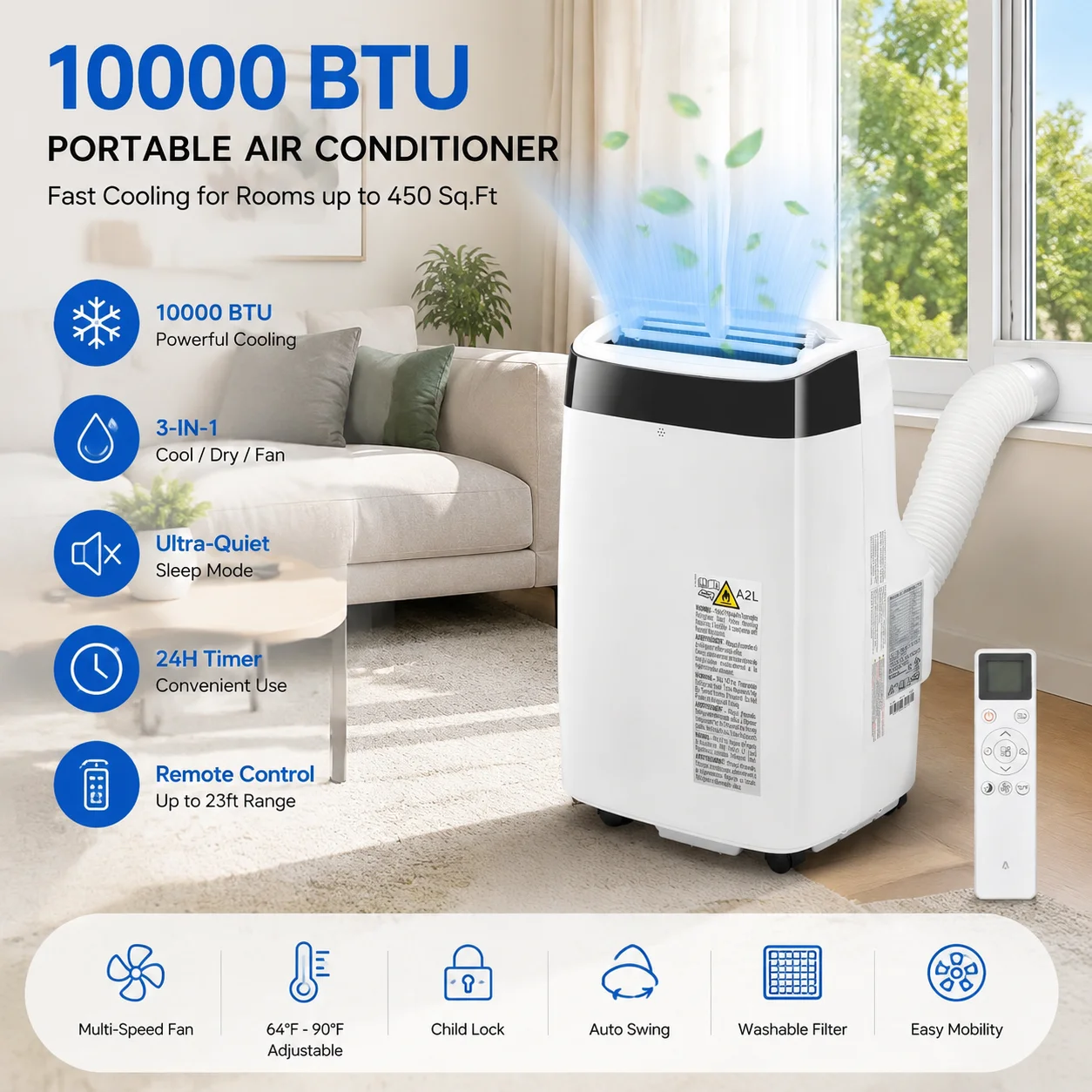 10000 BTU Portable Air Conditioner for Rooms up to 450 Sq.Ft, 3-in-1 AC Unit with Cooling Dehumidifier and Fan Modes, Quiet Sleep Mode, Remote Control, 24H Timer, Window Kit Included, 115V