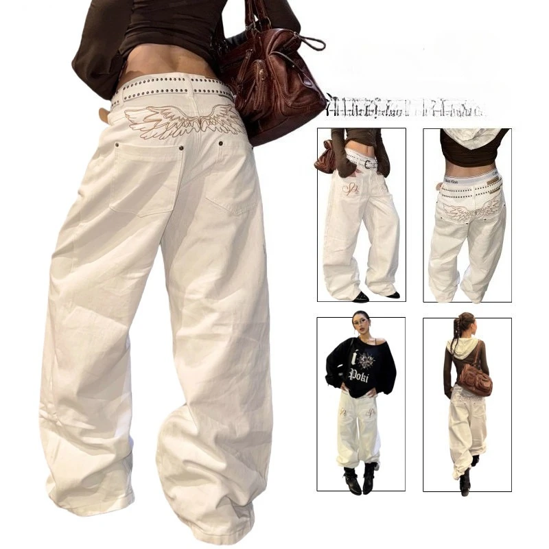 American Punk Fashion Women's White Baggy Jeans with Wing Embroidery - Y2K Streetwear Loose Wide Leg Denim Pants Hip Hop