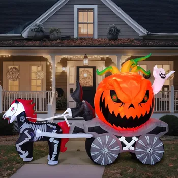 8 Ft Long Halloween Inflatables Pumpkin Carriage Outdoor Decorations Blow Up Pumpkin Carriage with Build-in LEDs Blow Up for Yard, Halloween Inflatables Party Decoration Outside Garden Lawn 3