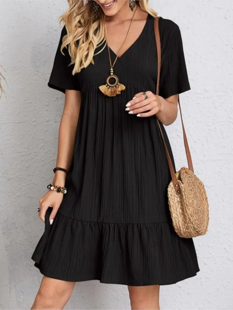 

Women Mini Dress 2024 Summer Casual Solid V Neck Ruffles A-line Dress Female Fashion Holiday Boho Loose Beach Elegant Dresses