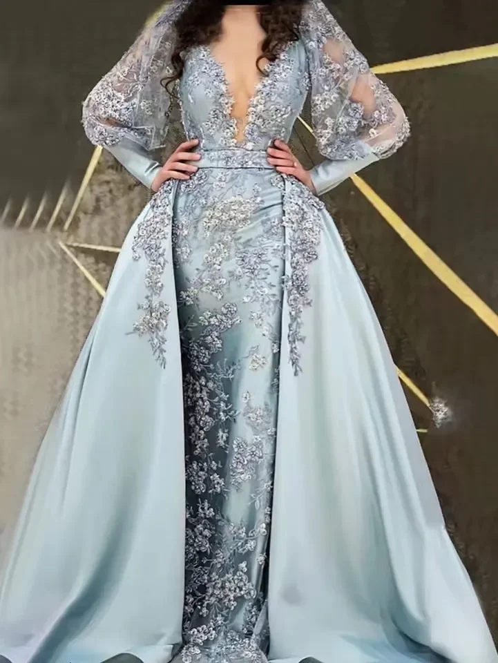 Flavinke Luxury Blue Lace Appliques abiti da sera con scollo a v maniche lunghe abito da ballo in raso da donna abito da festa di nozze in Arabia saudita