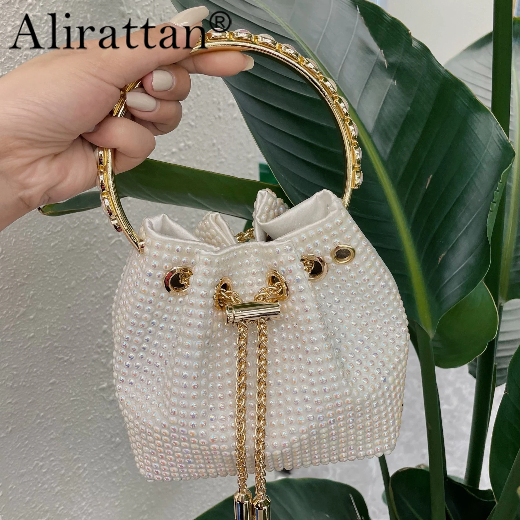 2024 New Handbag Handmade Diamond Ceramic Beads Bucket Bag Metal Sequined Tassel Shiny Candy Color Portable Messenger Bag Women