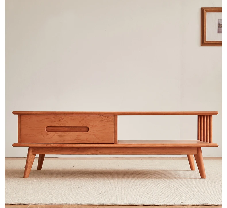 Coffee table  small apartment cherry wood modern  living room rectangular double drawer plus semi-open
