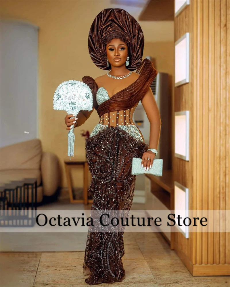 

Aso Ebi Chocolate Bead Crystal Evening Dresses African Luxury Dress Women 2024 High Quality Full Sleeve Formal Gown Customized