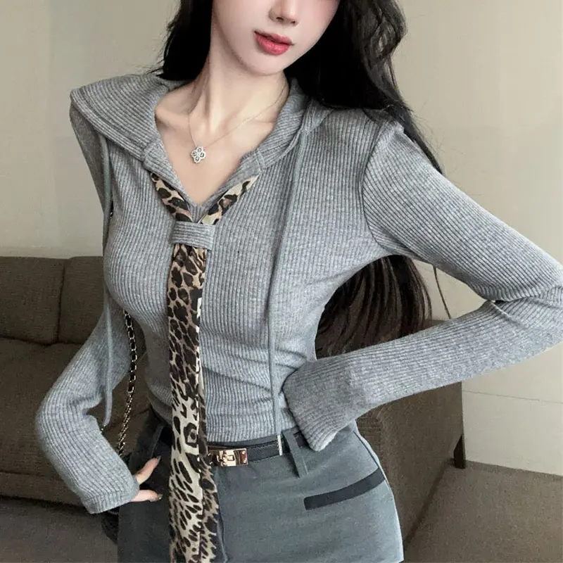 

American Retro Leopard Pullovers Female Clothing Slim Hooded Spring Autumn Hotsweet Stylish Ribbon Casual Long Sleeve T-shirt