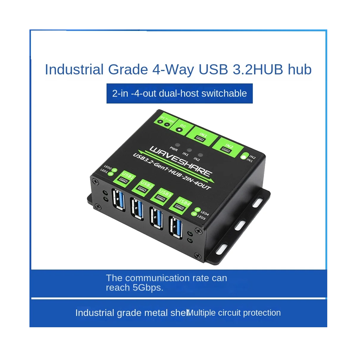 AT87-Waveshare Industrial 4-Way USB3.2 Gen 1 Hub 2IN-4OUT Dual Host Shared Random Switching Multiple Protection Circuit 5Gbps