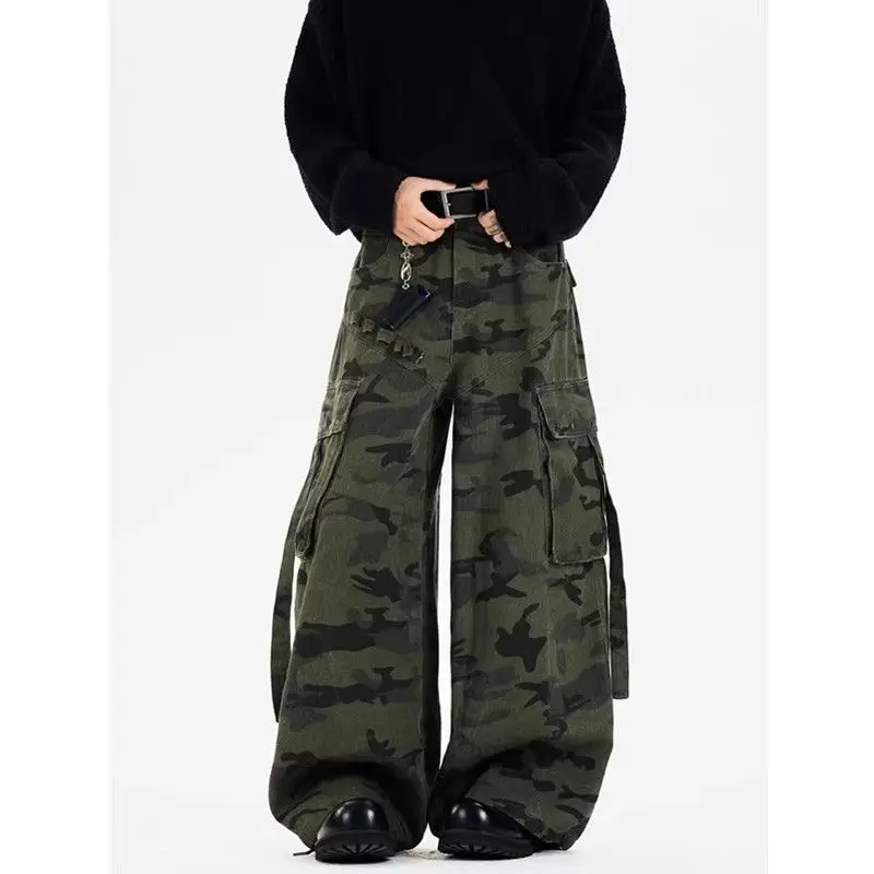 

American Camouflage Cargo Casual Pants Design Wide-leg Pants Hip-hop Multi-pocket Baggy Jeans Women