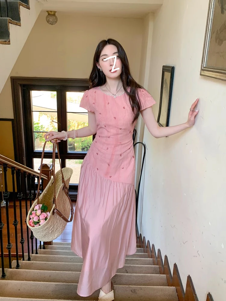 

Pink Heart Embroidery Qipao Dr Women's Summer New Sle Light National Trend Age Reduction Waist Cinch Fake Two-Piece Long...