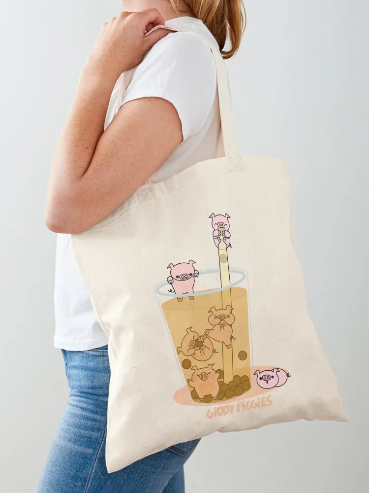 Giddy Piggies Boba Tea Tote Bag tote bags men shoping bag great bag Canvas stote