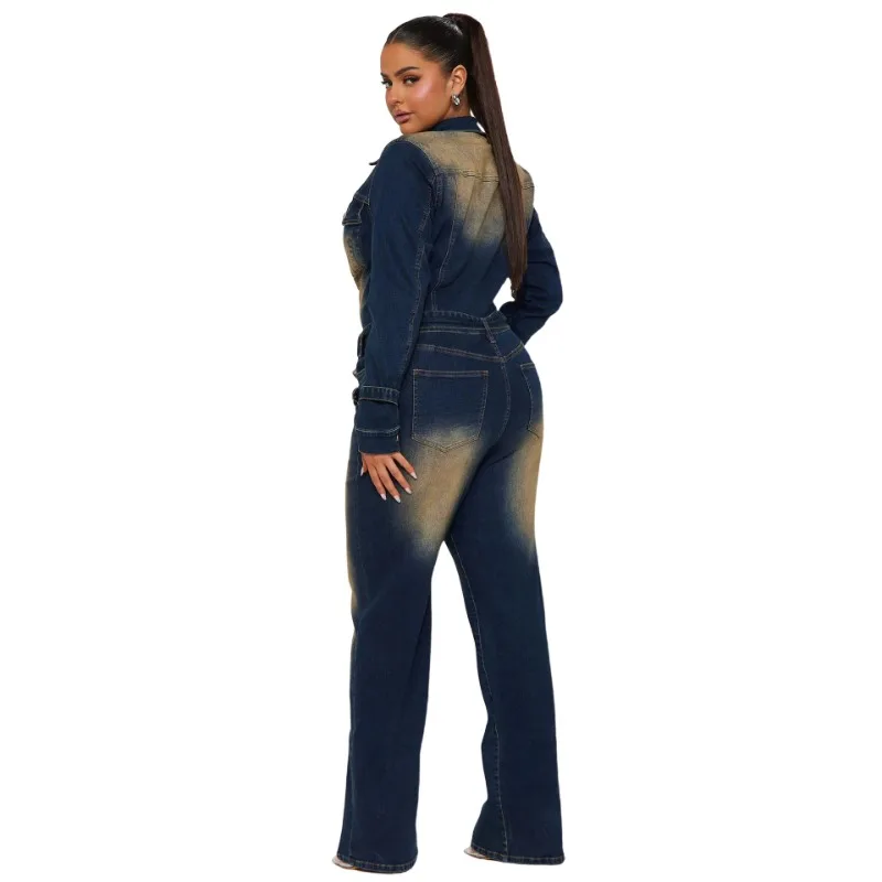 Fairy Women's Spring Autumn Jumpsuit Pants Flared Denim Long Sleeve New Button Waistband Simple Loose Harajuku Hundred Versatile
