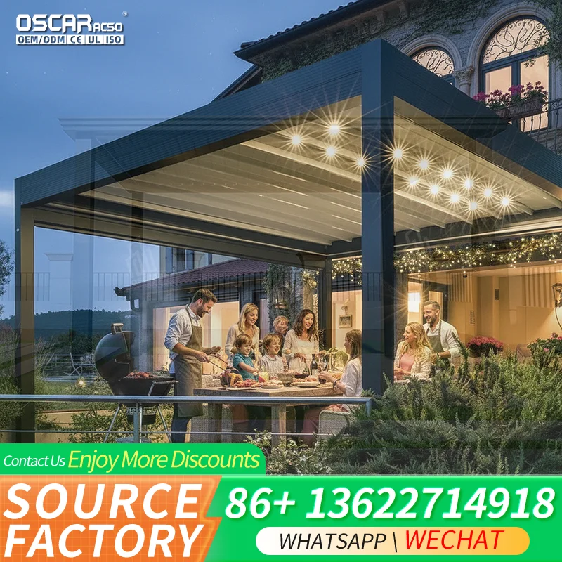 Sliding Transparent Glass Door Foldable Blinds for Outside Gazebo with Polycarbonate Sides in Backyard Patio Garden pergola
