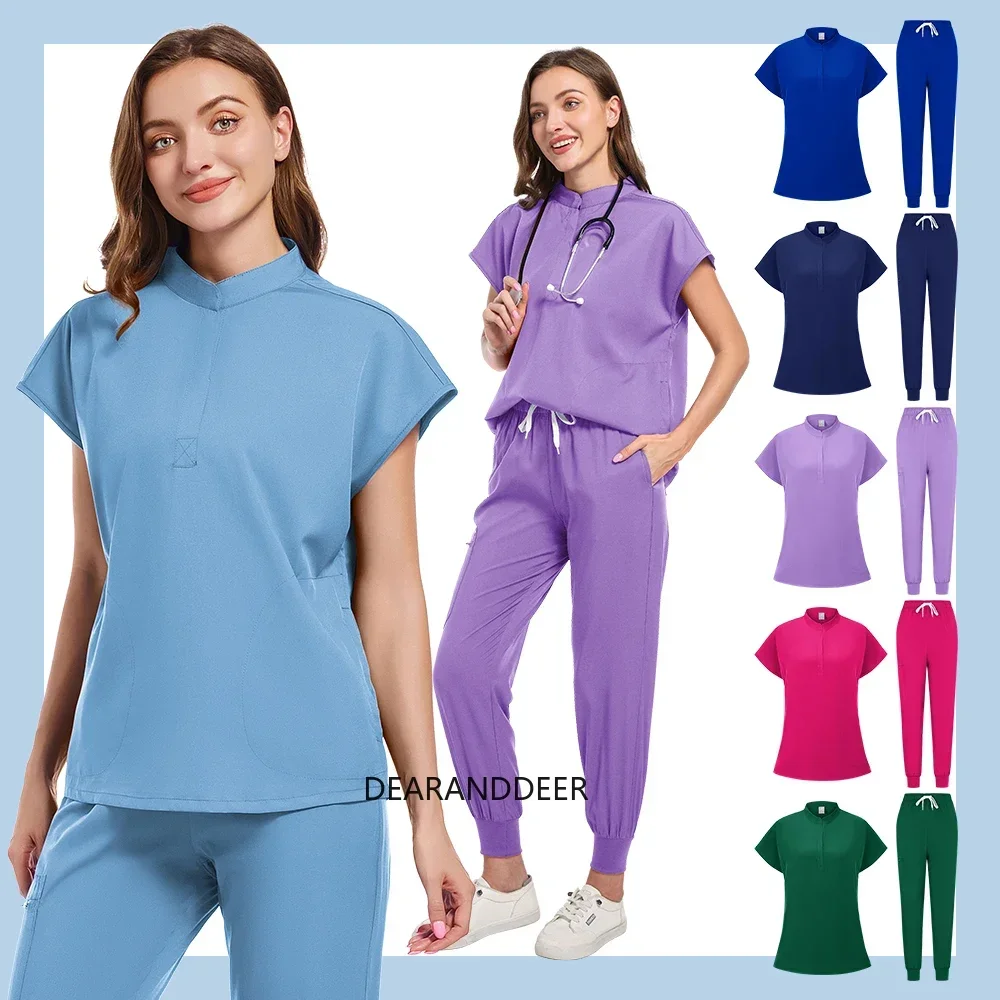 

Zip-up Top + Jogger Pants Set Short Sleeve Care Uniform Women's Multi-color Pet Doctor Nurse Clinical Medical Workwear doctor