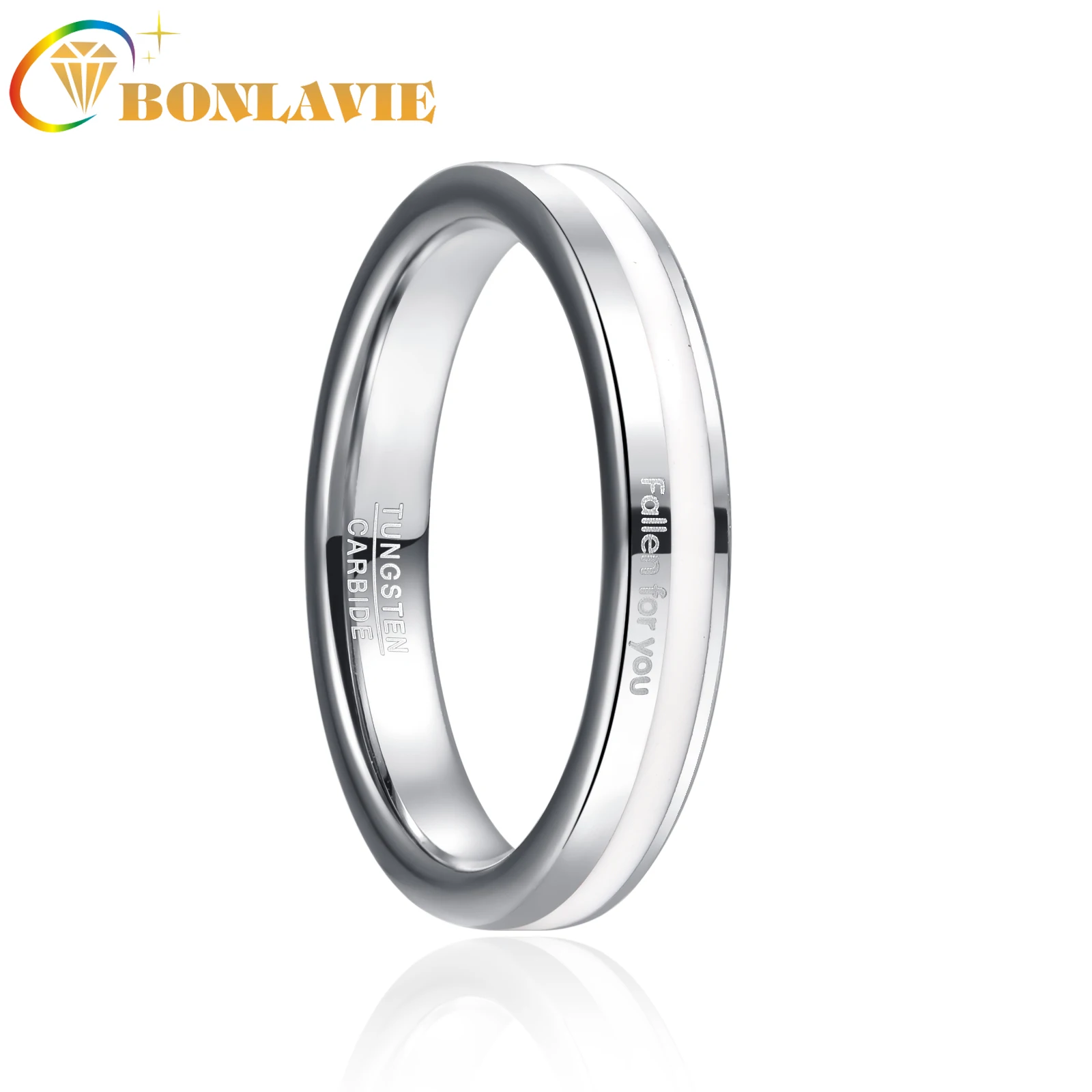 BONLAVIE 4mm Tungsten Carbide Ring Steel Color Simple White Resin with Letter Fallon for You Women's Wedding Jewelry Best Gift