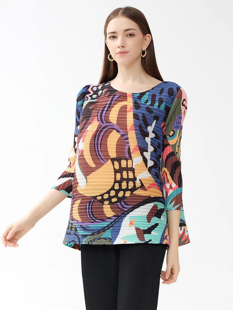 

Design Sense Niche Pleated Round Neck Casual Style 2023 Autumn Large Size Women's Dress Graffiti A- Line Dress Top Women