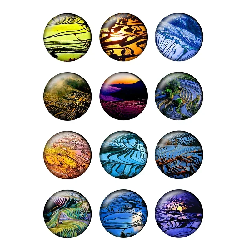 12pcs Terraced Field Landscape Round Photo Glass Cabochon 8 10 12 14 18 20 25mm Demo Flat Back DIY Jewelry Making Wholesale T072