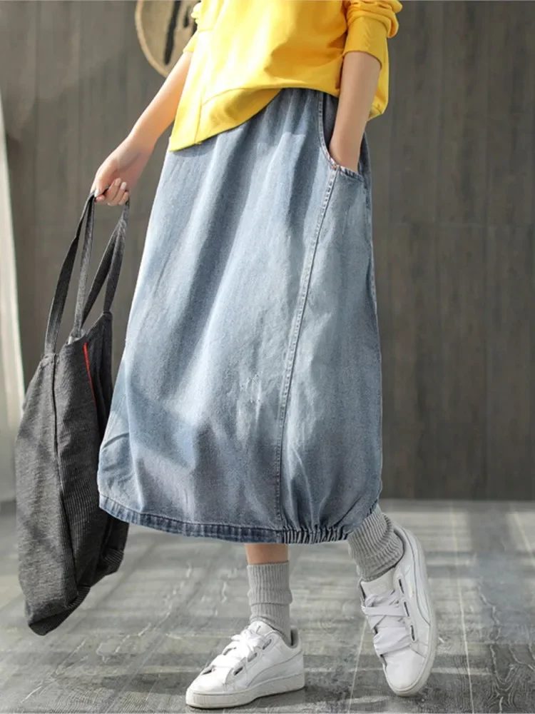 

Spring Autumn Skirt Fashion Women Denim Skirt Casual Loose Skirt New Ladies Elastic Waist Pocket Bleached Mori Girl Style Age