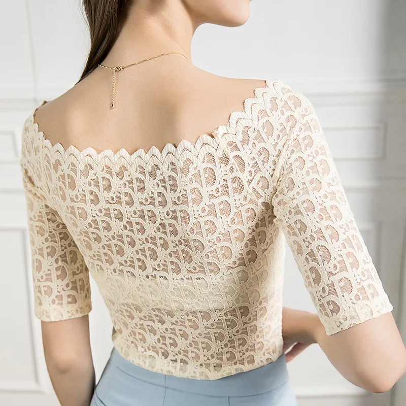 تي شيرت دانتيل بخمسة أكمام برقبة واحدة ، مريح ، نحيف ، بدون حمالات ، متوسط ، مثير ، صيفي ، صديق للجلد