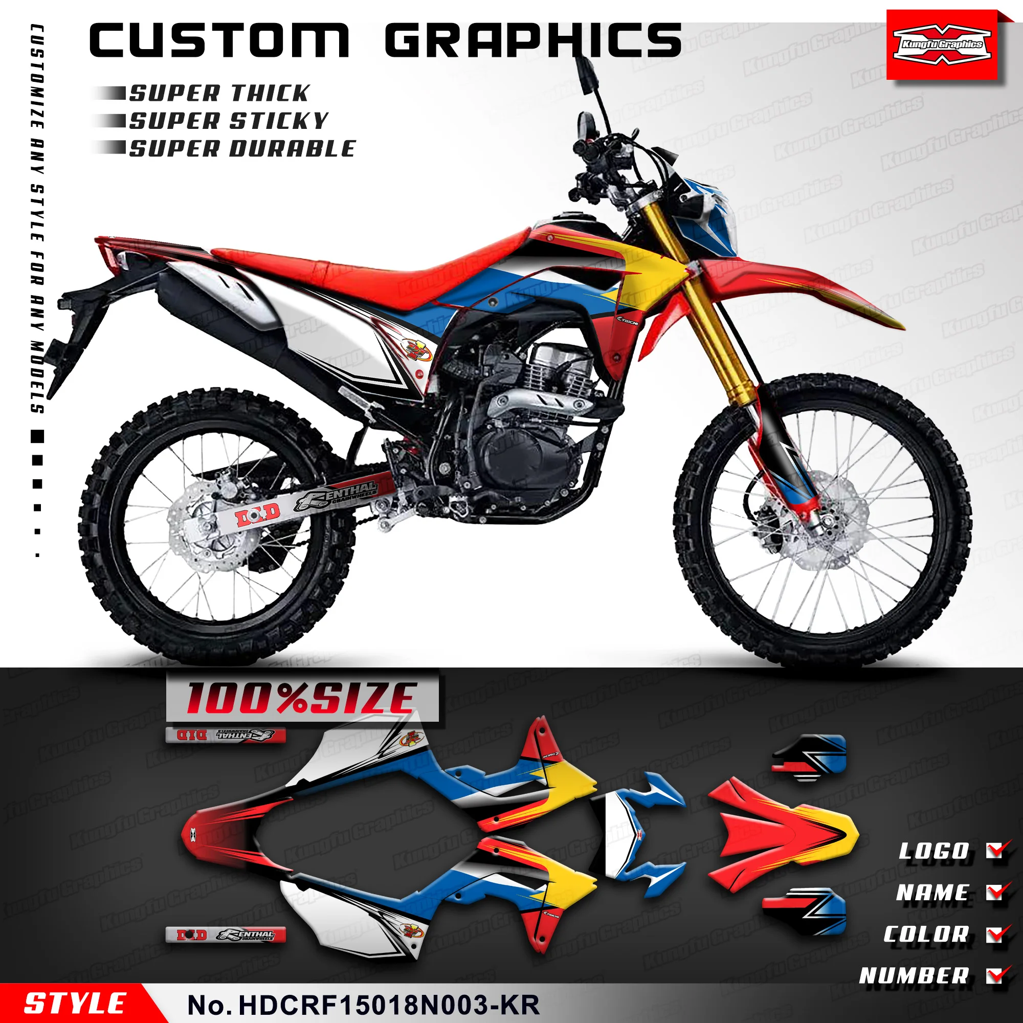KUNGFU GRAPHICS Adhesive Sticker Vinyl Graphics for Honda CRF150L CRF 150L 2018 2019 2020 2021 22 23 24 25 26, HDCRF15018N003-KR
