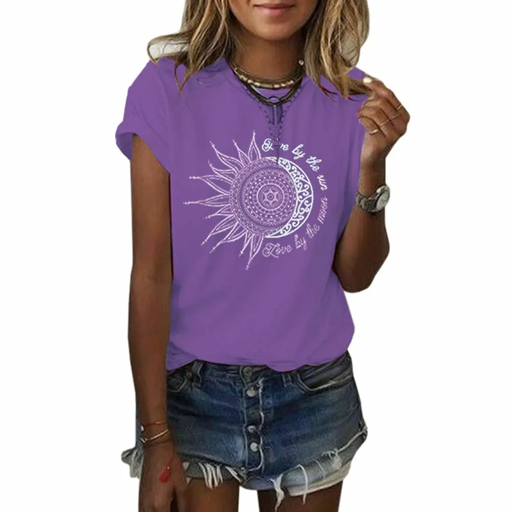 T-Shirts Woman 2024 Summer Vintage Casual Short Sleeve Tees Fashions Moon And Sun Printed Graphic Solid Color Women\'s T-Shirt