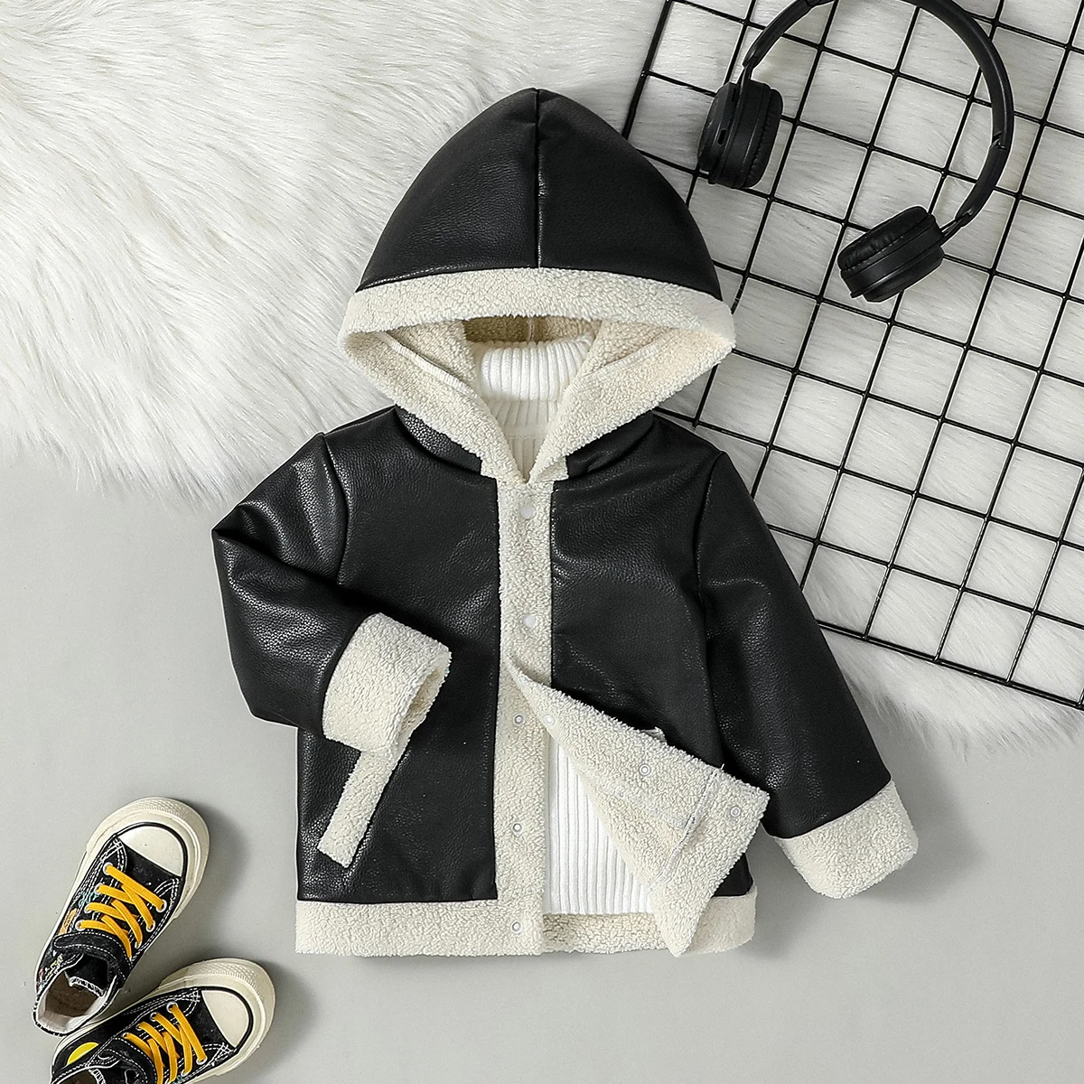 Baby Boys Winter 2024 New Style Open Stitch Hoodie Leather Jacket Plush With Pocket  For 9M-4Y Kids Outdoor Wear