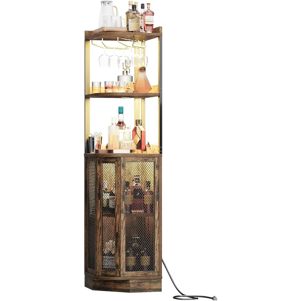 EOYUTLLY 65" H 5-Tier Corner Bar Cabinet with Power Outlet and LED Strip, Brown image 3