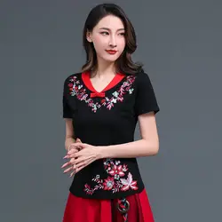 Cheongsam Women's Plus Size Tops 2025 Summer Cotton Blend Splicing V Collar Short Sleeve Chinese Style Qipao Shirts Woman