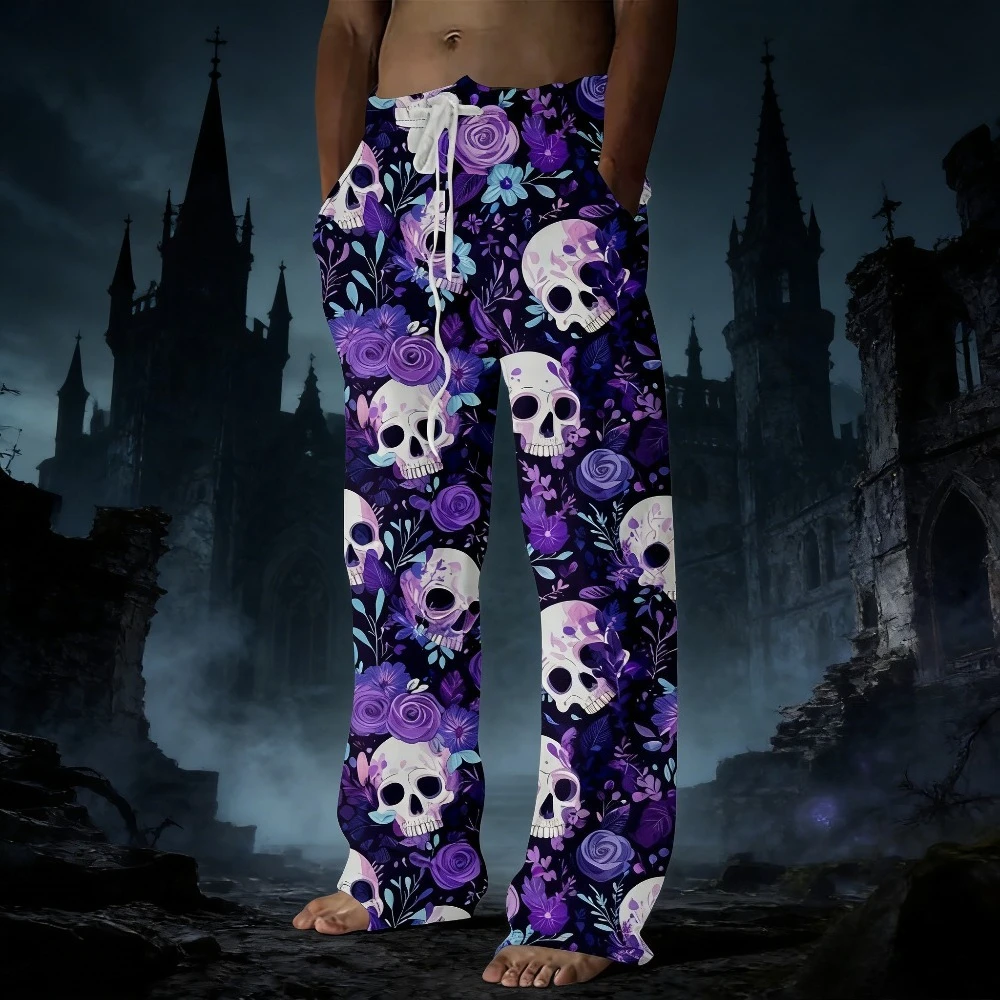 Gothic Men's Palazzo Pants Skull and Rose Print Bubble Crepe Wide Leg Trousers Hip Hop Streewear for Concerts and Cosplay