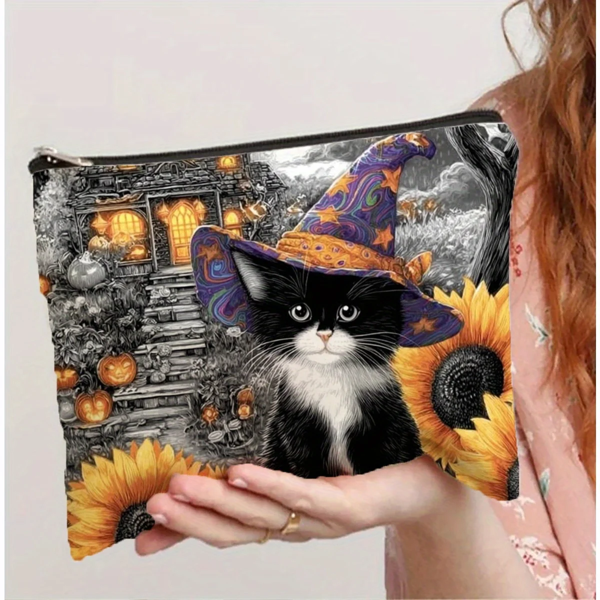 

AHalloween Black Cat Sunflower Patterned Makeup Bag- Multifunctional Zipper Pouch, Jewelry Storage Bag, Perfect Travel Zipper Sm