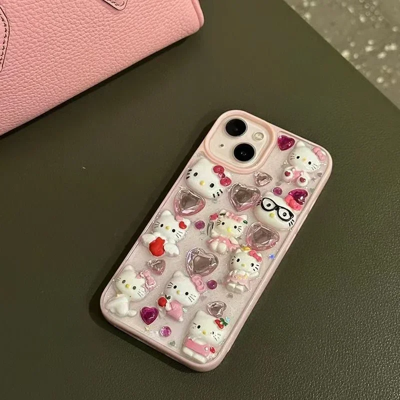 Sanrio Love Hello Kitty Iphone Case Colored Diamond Cute Anime All Inclusive Protective Case for Iphone 16 15 14 13 12 Promax