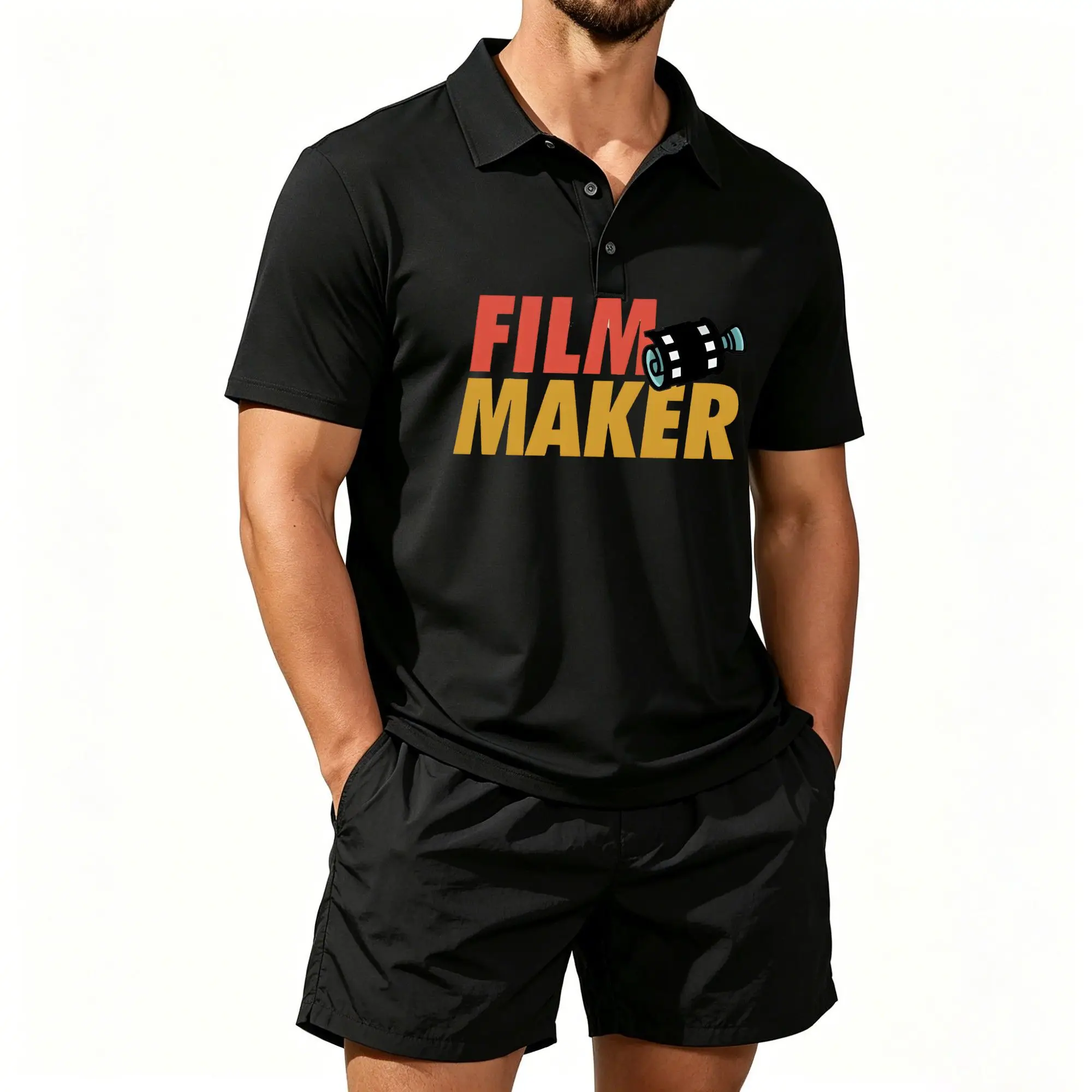 Men's Polo Shirt and Beach Shorts Two-Piece Set, Professional and Fun Prints for Film and Television Creators, Casual and Versatile, Comfortable to Wear, Well-Tailored