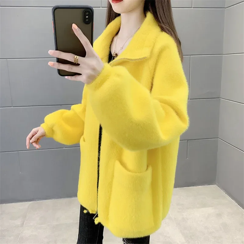 الشتاء سميكة فو المنك الكشمير معطف الصوف النساء 6 اللون فضفاض قصير أبلى كم طويل جيب كبير سستة سترة صوفية الإناث