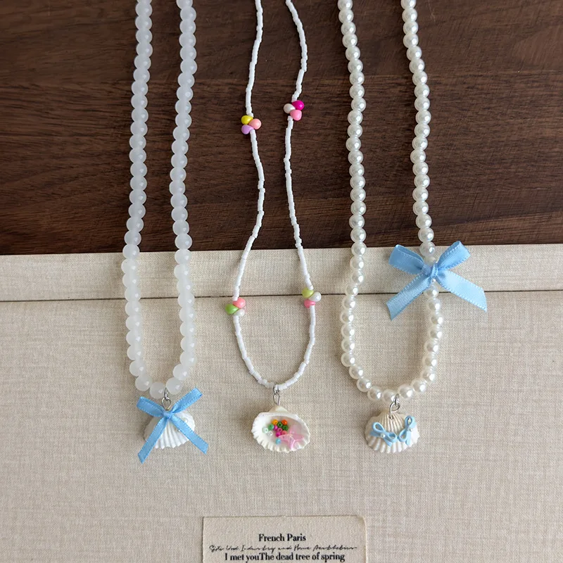 Ocean Blue Beaded Star and Shell Collarbone Necklace Summer Beach Vacation Unique Design Delicate Choker for Women