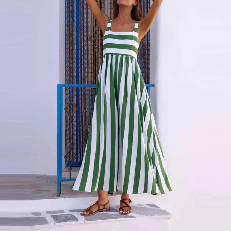 

Elegant Off Shoulder Summer Party Dress Fashion Striped Print Draped Holiday Dress Women Sexy Sleeveless Suspender Long Dresses