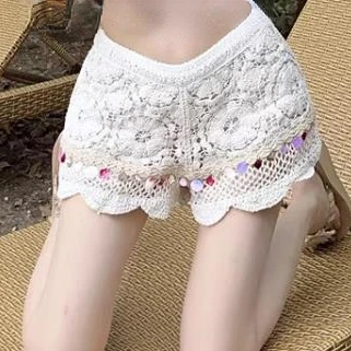 women hollow out cotton linen shorts sweet beach swear summer crochet shorts