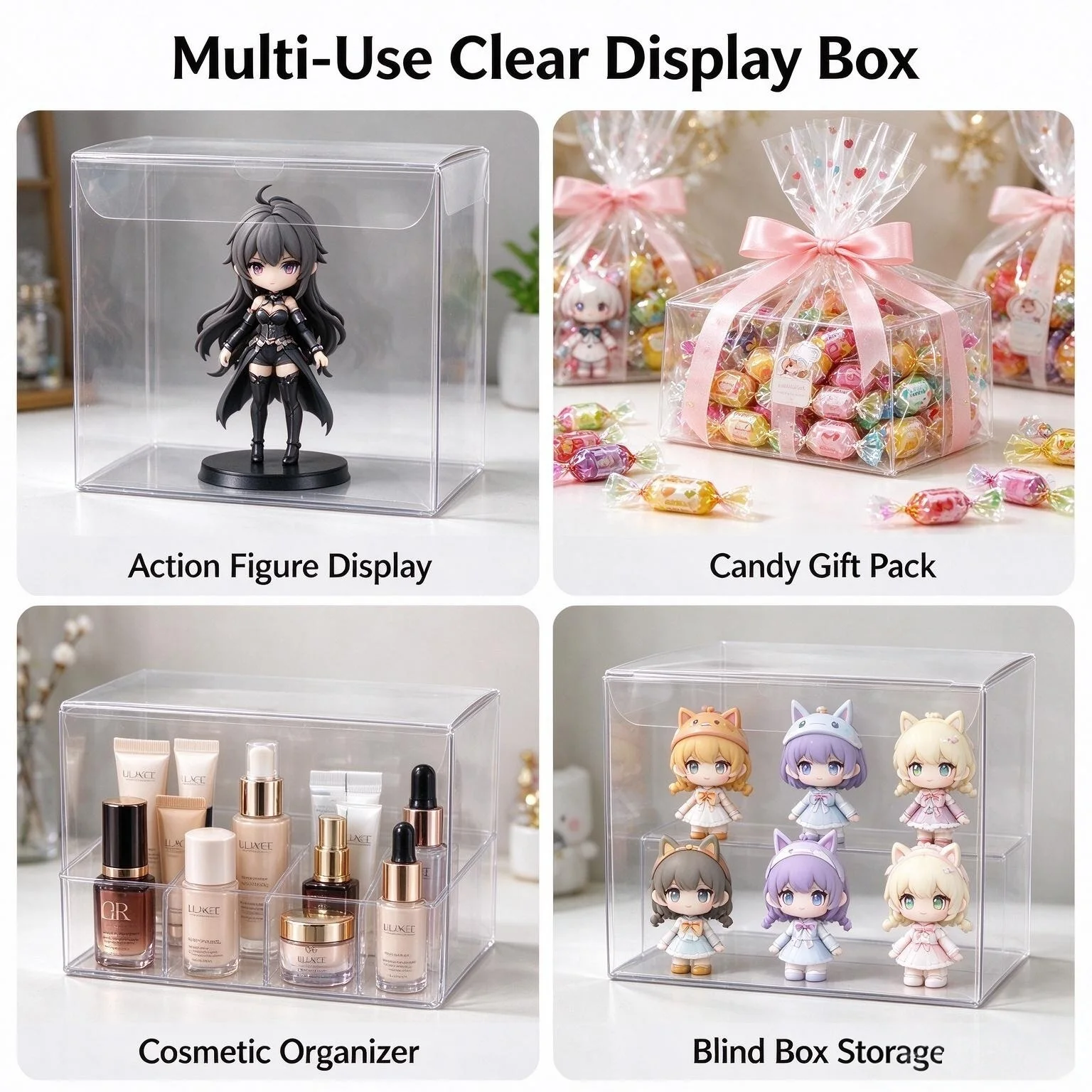 Clear PET Toy Packaging Box, Custom Sizes Foldable Transparent Plastic Display Case for Girls' Collectibles, Plush Dolls & Gifts