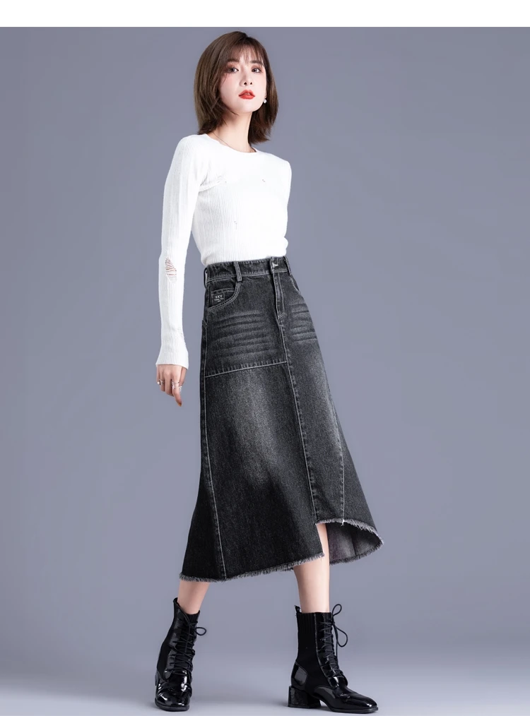 

TIYIHAILEY Free Shipping 2022 New Fashion High Waist S-2XL Long Mid-Calf A-line Skirts With Pockets Women Black Blue Tassels