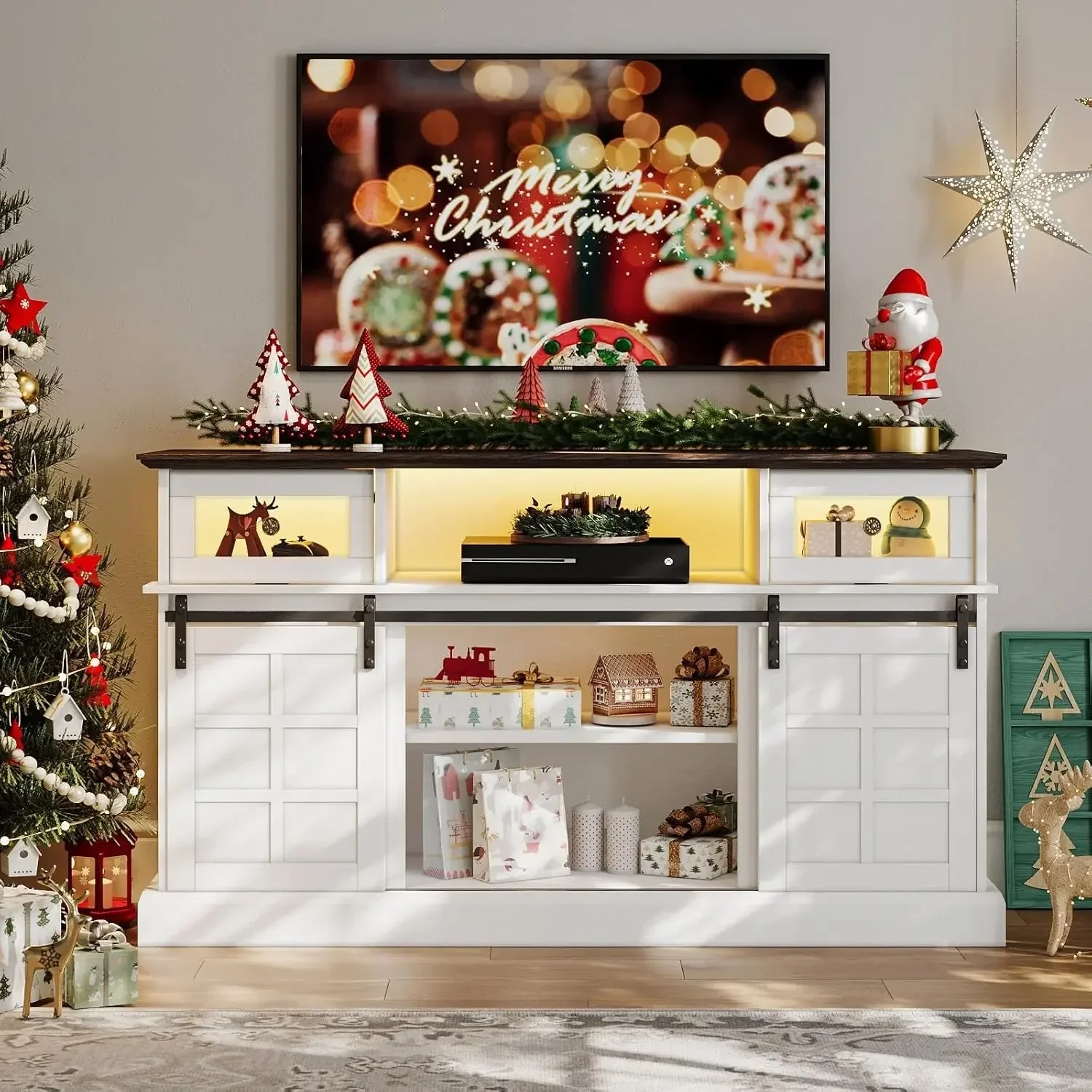 LGHM Farmhouse TV Stand w/LED Light, White TV Stand for 65 inch TVs, Entertainment Center TV Cabinet Stands with Flip Drawers.