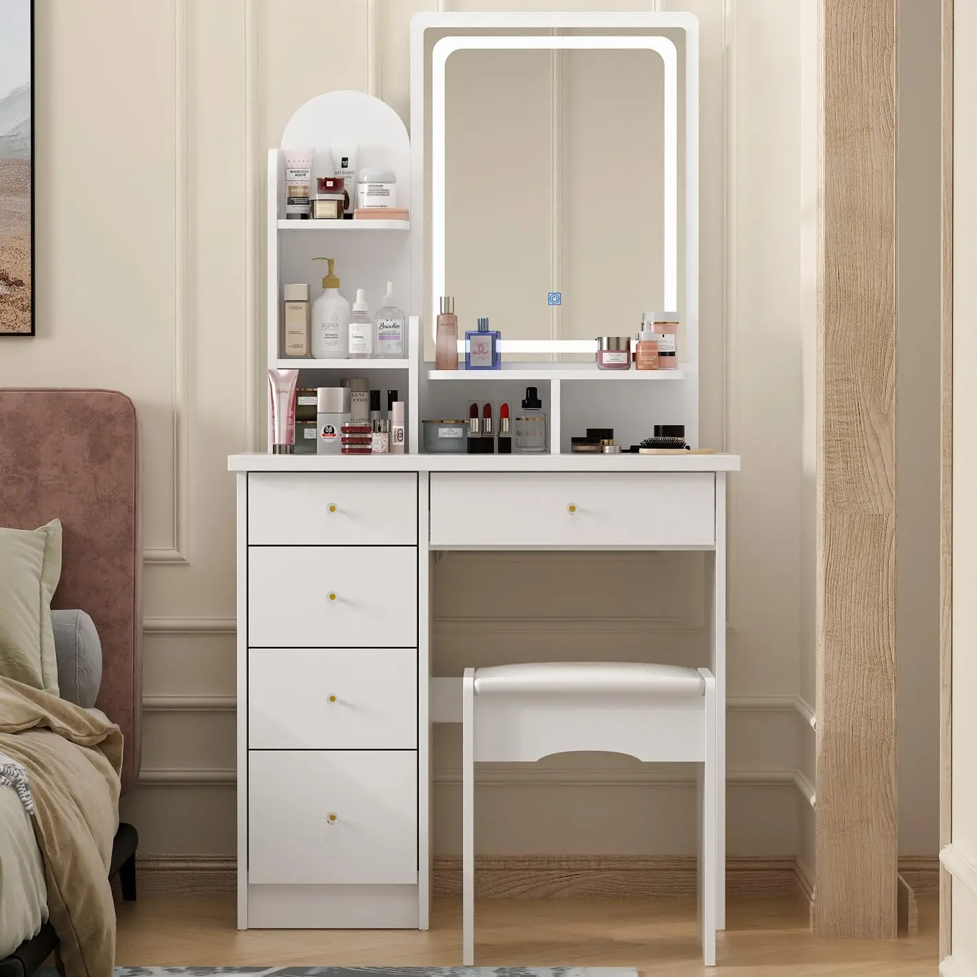 Vanity Set with Rectangular Mirror, Makeup Vanity Dressing Table with 5 Drawers, Shelves, Dresser Desk and Cushioned Stool Set