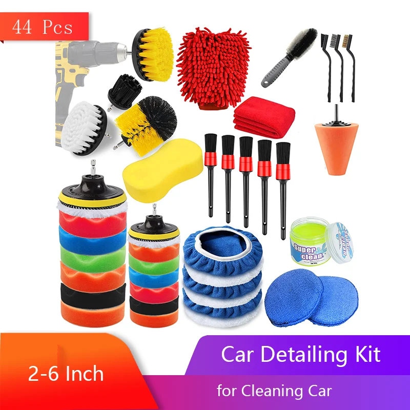 

44 Pcs Car Detailing Kit with Wool Sponge Buffing Pads Woolen Microfiber Polishing Bonnet Car Drill Buffer Wax Attachment