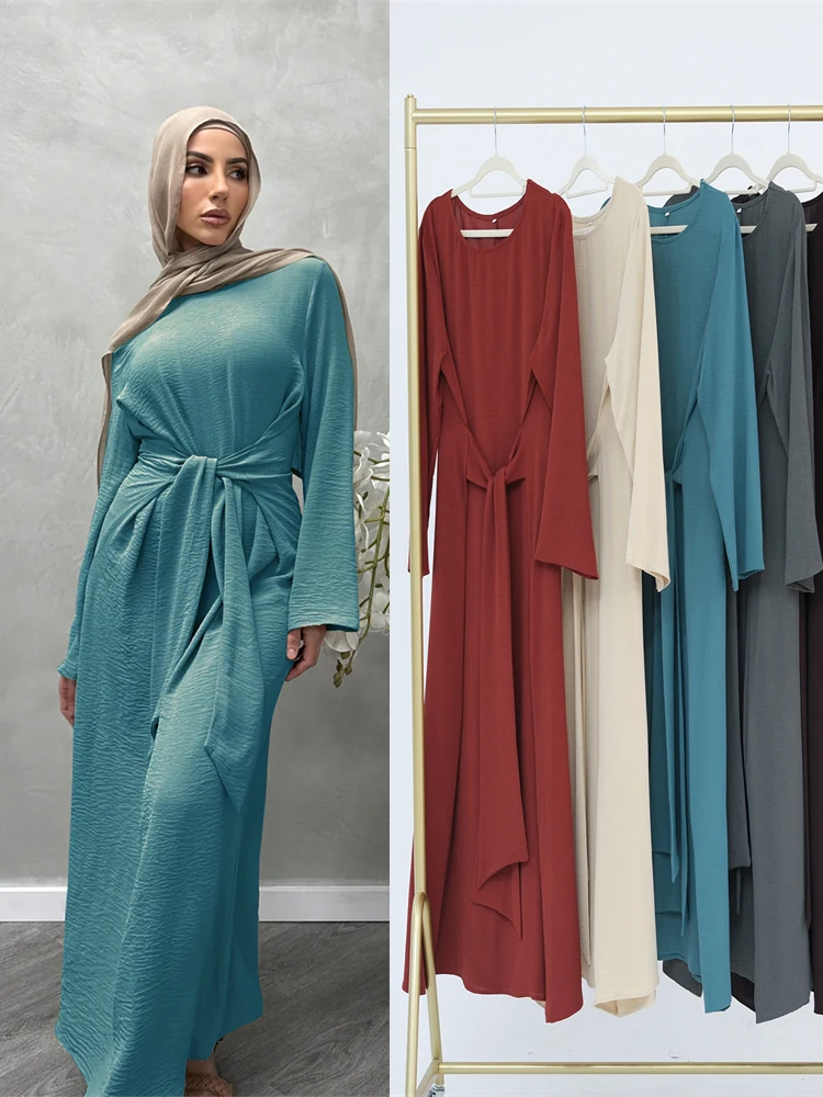 Eid Modest Abaya Dubai Muslim Kaftan Bandage Long Sleeve Maxi Dress Abayas For Women Kebaya Caftan Marocain Robe Femme Vestidos