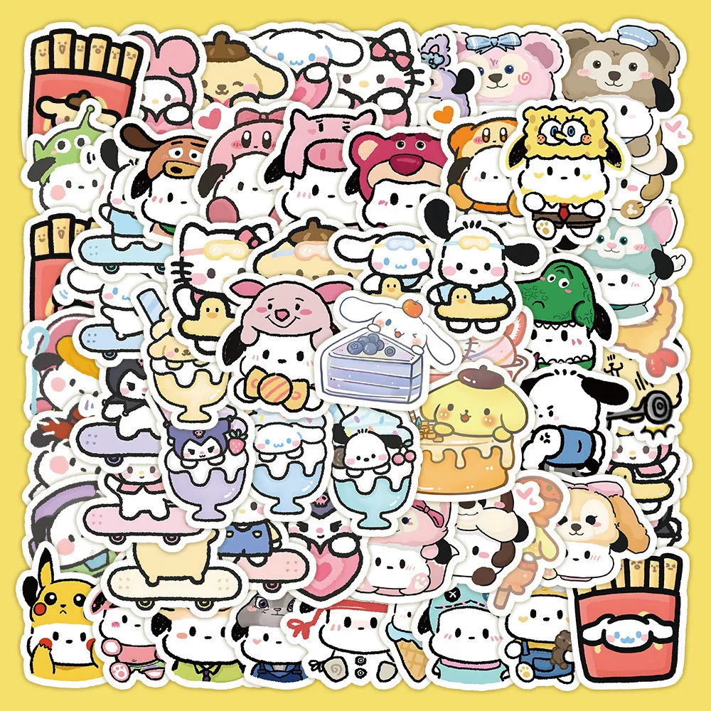 100pcs/Bag Non Repeating Cute Sanrio Stickers Kuromi KT Cat Cinnamoroll Decorative Small Patterns High Beauty Stationery Sticker