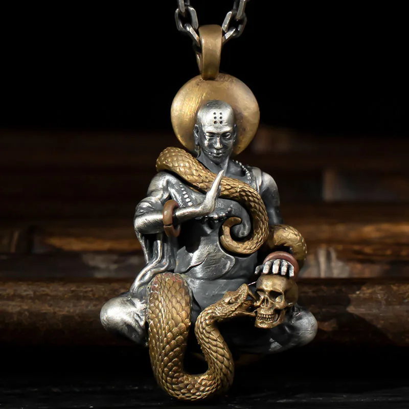 Personality Snake Serpent Sakyamuni Pendant Necklace Two Tone Maitreya Buddha Skull Long Chain Necklace for Men Women Jewelry