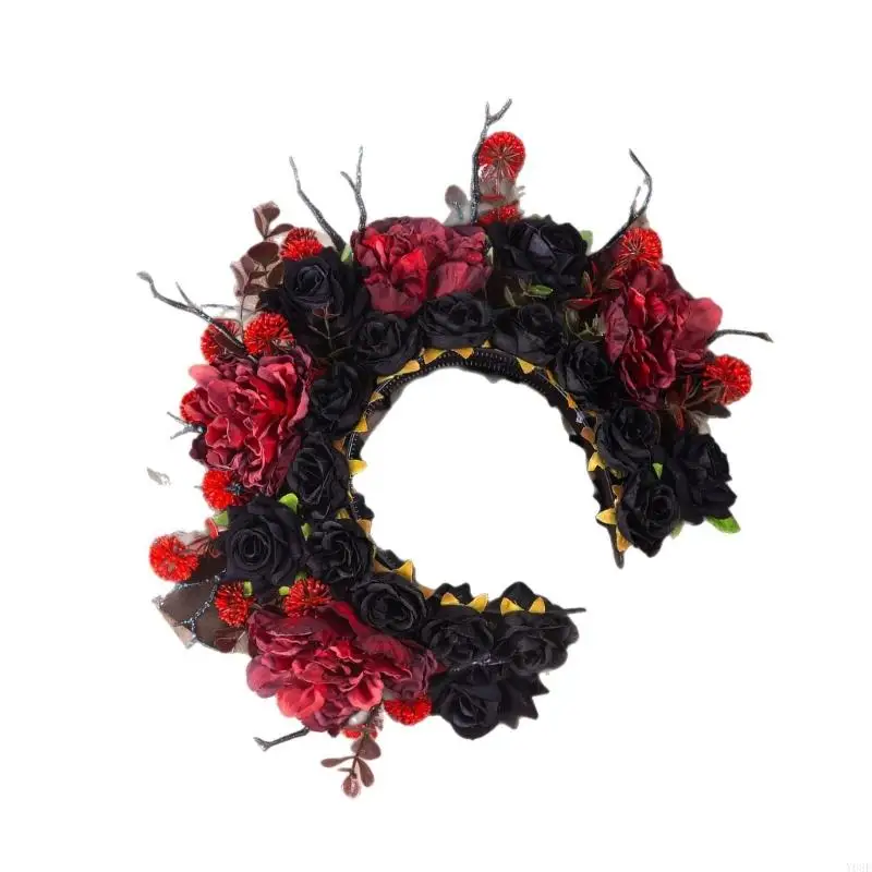 Barock Stil Blumen Stirnband mit Stoff Stoff Rosen für Frauen Gothic Hochzeit Haarschmuck Dunkelschwarz Rot Y08E – Detail 3