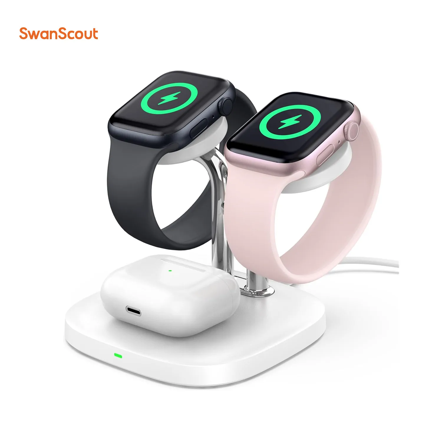 

SwanScout 704A Dual Watch Charger Stand for Apple Watch Ultra 2 9 8 7 6 5 3 SE 3 In 1 Wireless Charger Dock for Airpods Pro 2 3