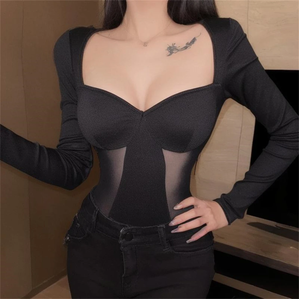 Costume de batterie noir à manches longues pour femmes, lingerie sexy pour femme, t-shirt une pièce, haut le plus sexy, tenue de festival moulante, été