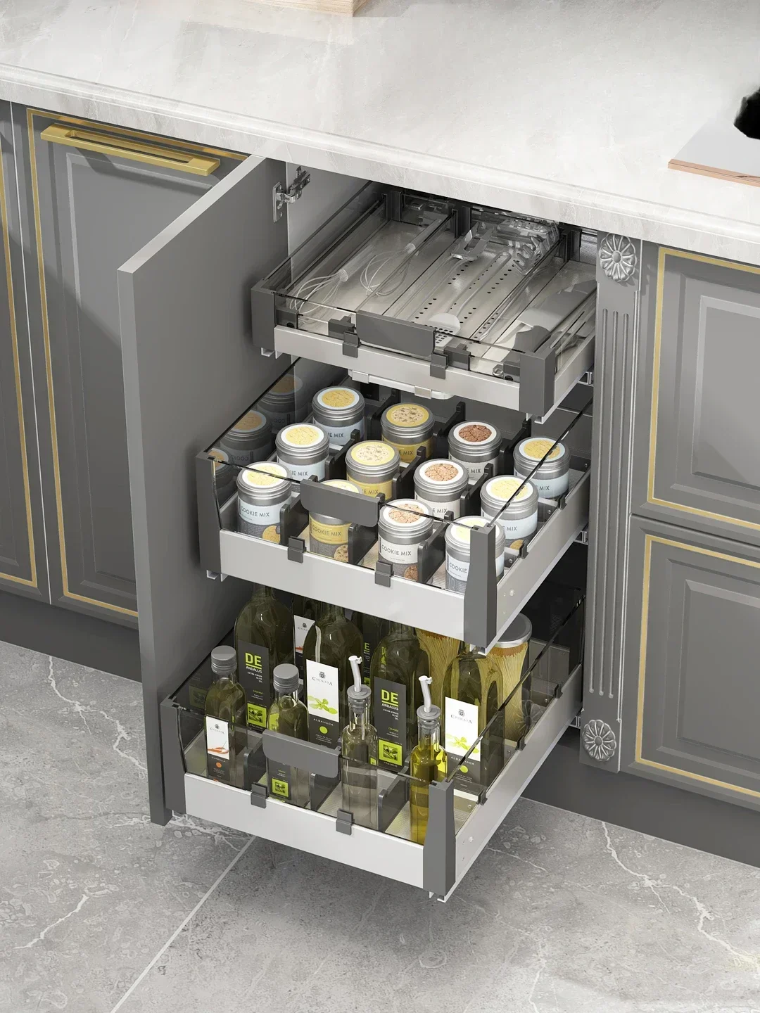 

seasoning baskets, drawers, push-pull storage baskets, divided into 3 layers with damping