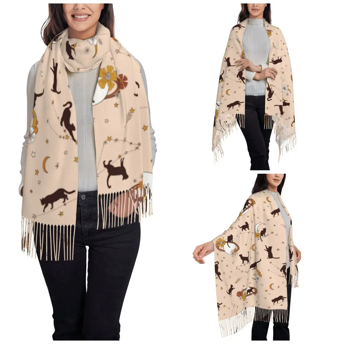 Boho Moony Cat Moon Scarf for Women Winter Warm Pashmina Shawls and Wrap Floral Galaxy Cats Large Scarves with Tassel