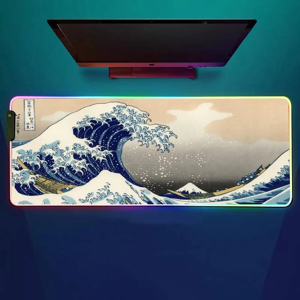 

Japanese Famous Paintings Mouse Pad RGB Gaming Mouse Pad Desk Mat HD Gamer Large LED Light XXL MousePads