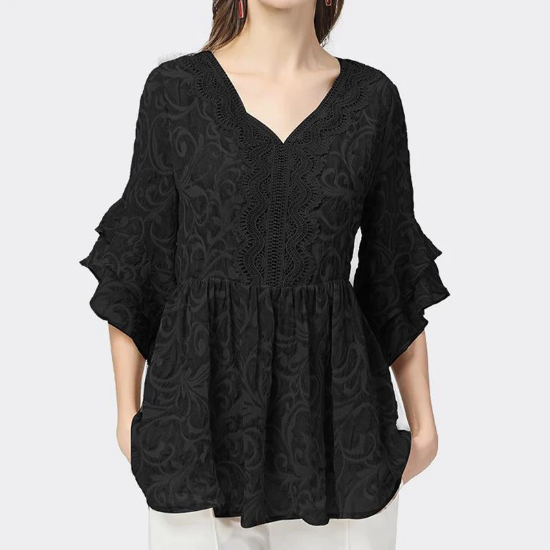 Women Ruffle Lace Patchwork Vintage Elegant Blouse Fashion Print Asymmetrical Loose Shirts Half Sleeve Tunic Tops Female Blusas