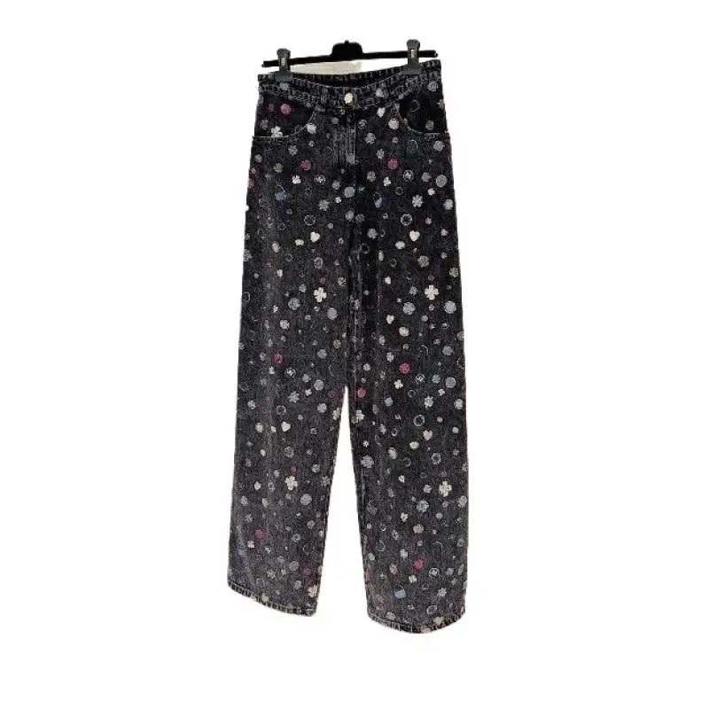 

2025 Autumn And Winter Black Gray Laser Graffiti Camellia Vintage Jeans Printed Trousers Women